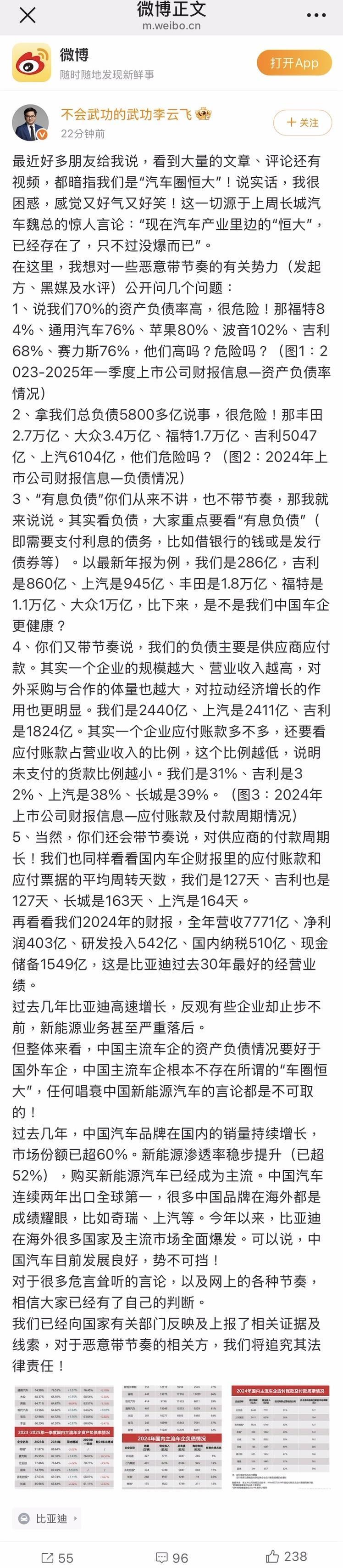 比亚迪李云飞回应“车圈恒大”论：危言耸听，将追究其法律责任