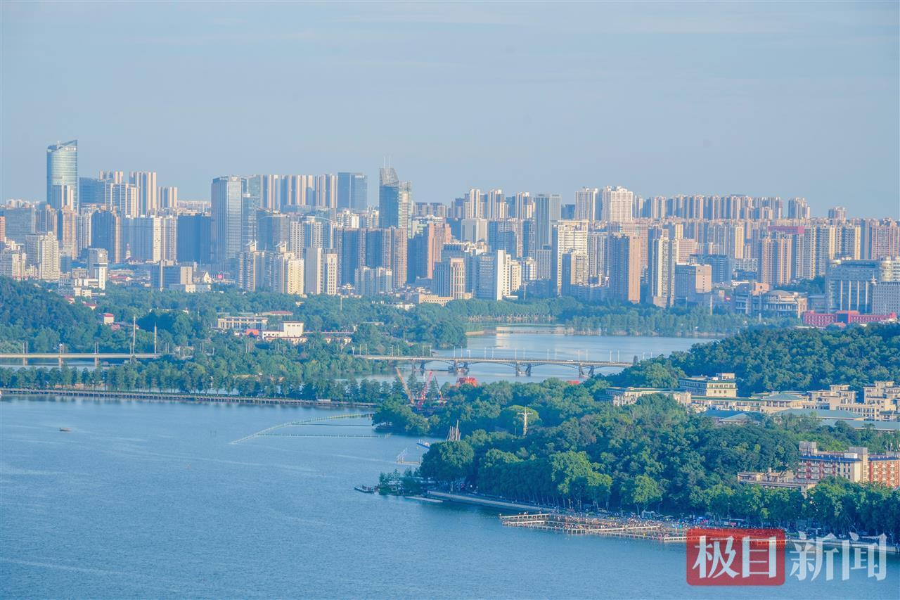 雨后东湖碧空如洗，湛蓝湖水与绿树相映成趣