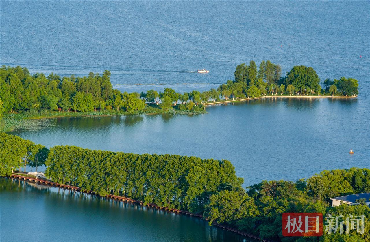 雨后东湖碧空如洗，湛蓝湖水与绿树相映成趣