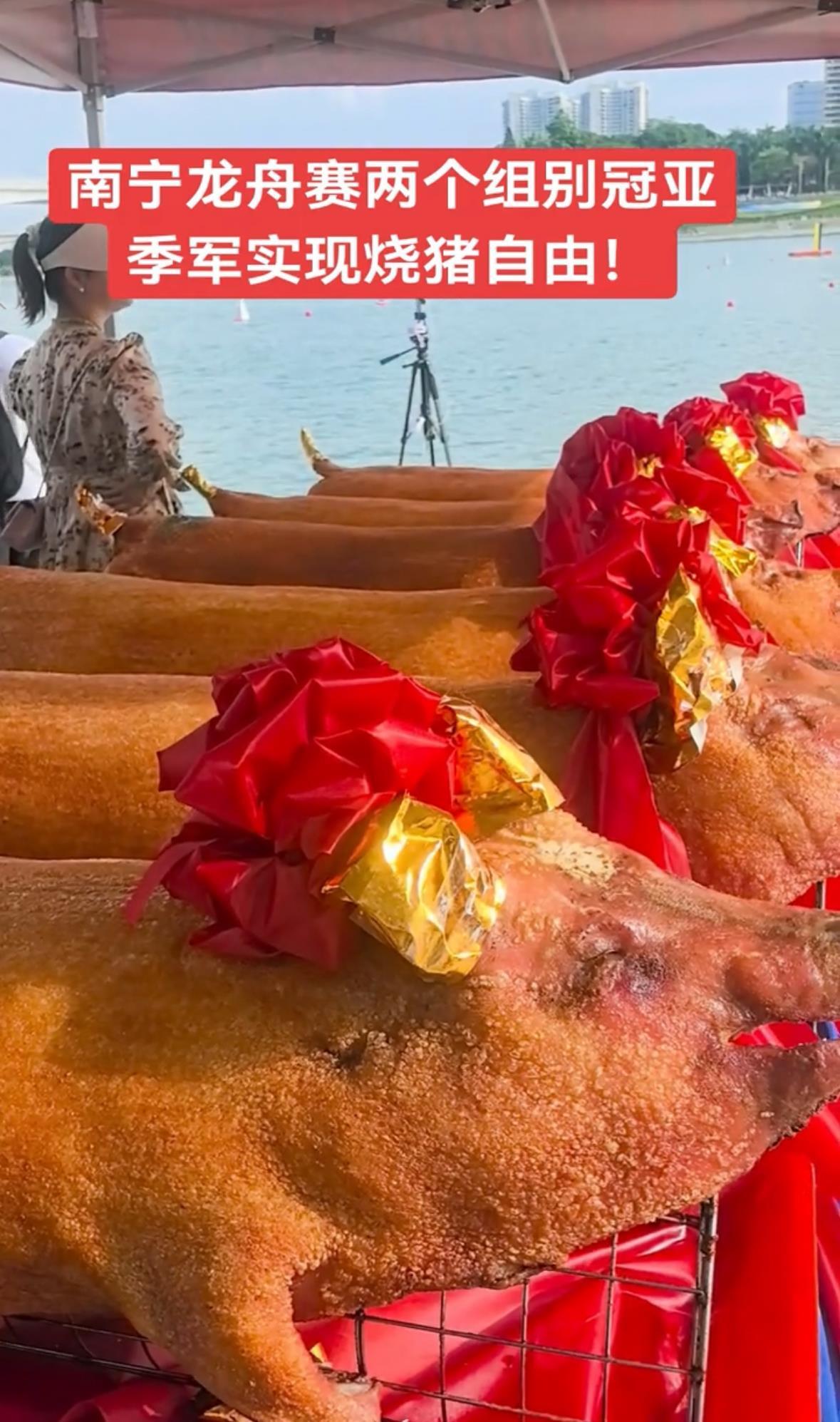 南宁龙舟公开赛奖励选手戴大红花的烧猪，选手：前三名实现烧猪自由