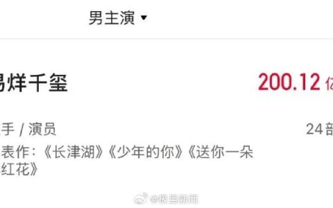 易烊千玺成首位票房破200亿“00后”，目前票房成绩仅次于沈腾、吴京、黄渤、王宝强、刘昊然和张译