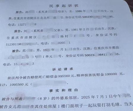 8岁女孩被邻居带去长江游泳溺亡，其家人起诉邻居索赔109万余元，法院已受理立案
