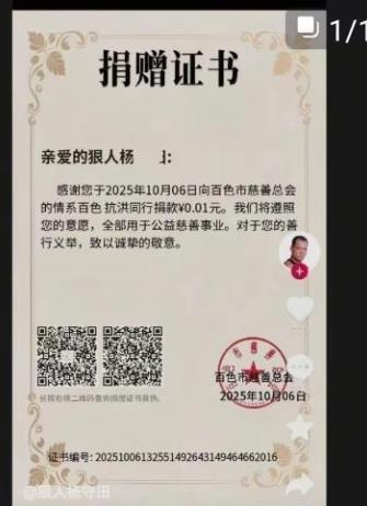 极目锐评丨23万粉丝的博主为百色抗洪捐1分钱，先为百色市慈善总会点赞