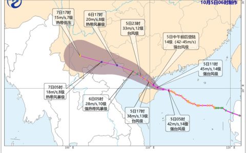 “麦德姆”已加强为强台风级，预计中午前后在广东吴川至海南文昌一带沿海登陆；湛江机场5日航班全部取消，全市实行“五停”