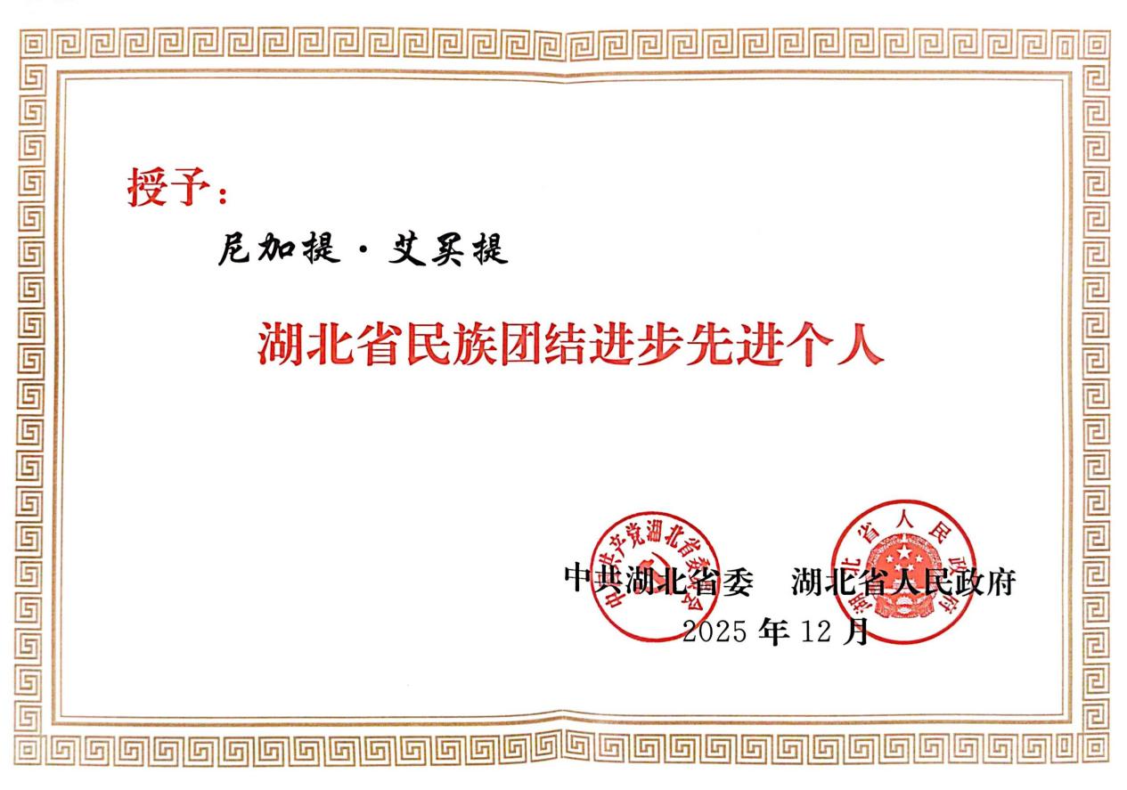 尼加提·艾买提荣获“湖北省民族团结进步先进个人”称号