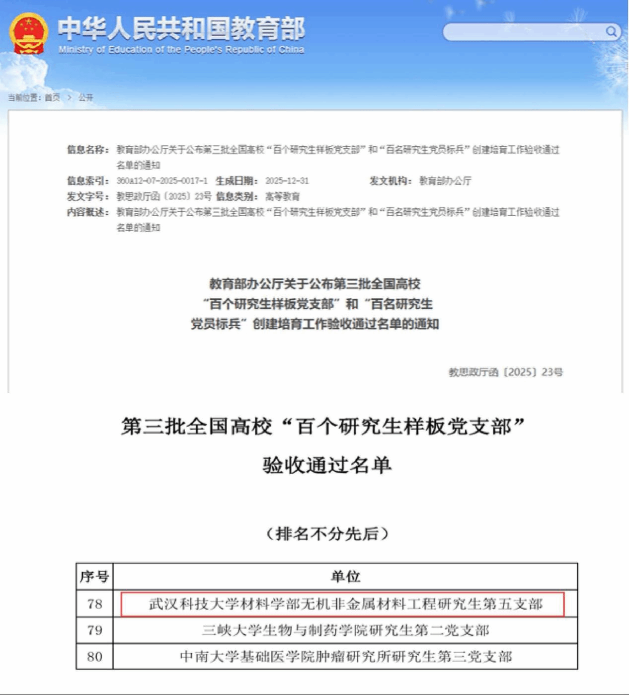 武汉科技大学第三批全国高校“百个研究生样板党支部”创建培育工作通过验收